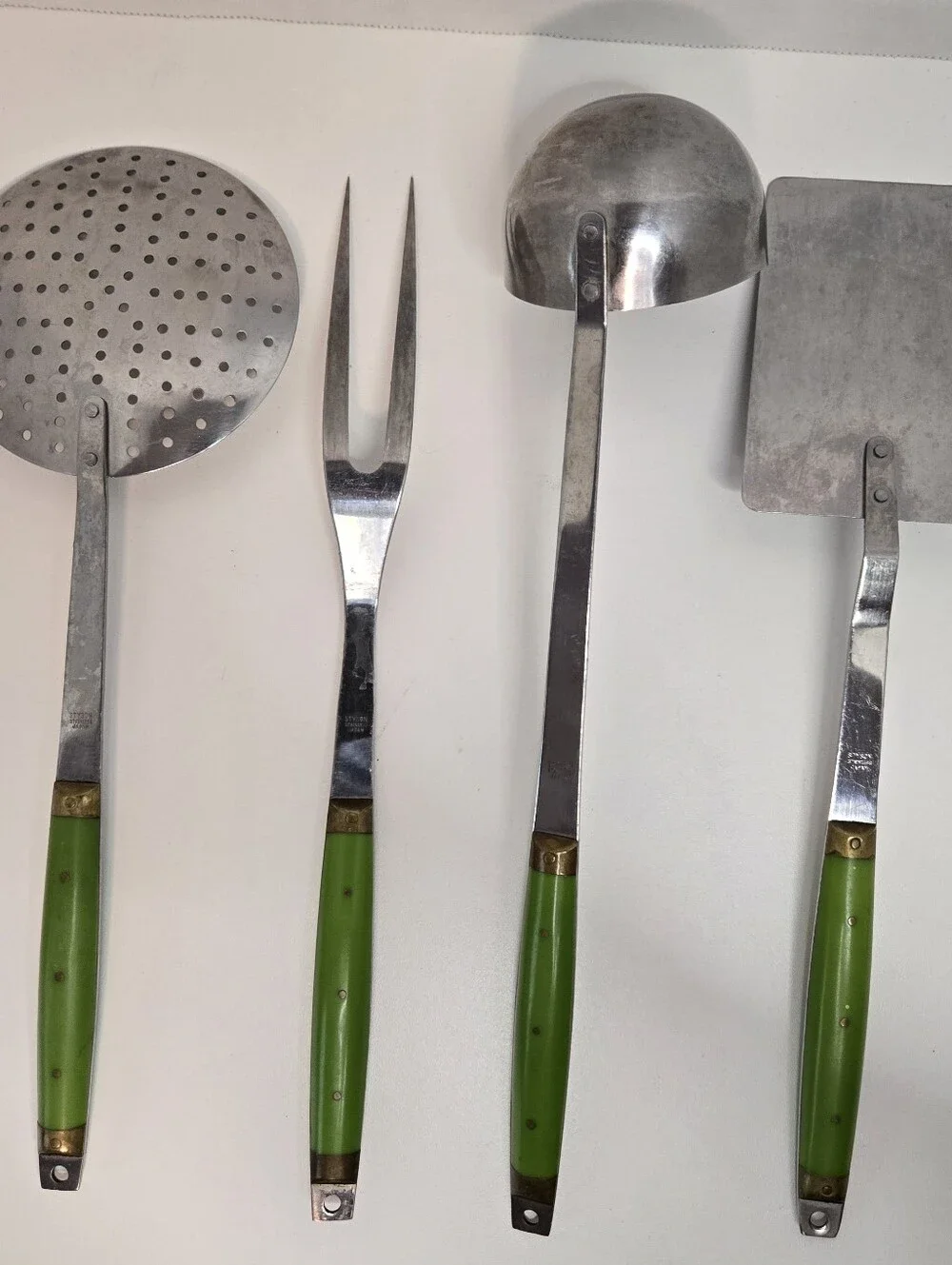 Vintage Styson Stainless Steel Kitchen Utensil Set MCM Japan Green Brass Accents